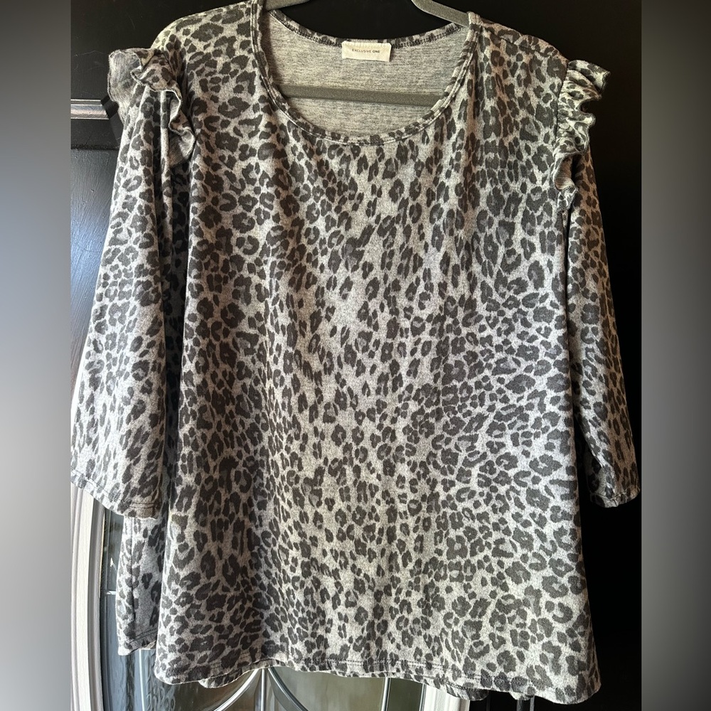 2X Exclusive One three quarter length and ruffled sleeve Leopard Print Top